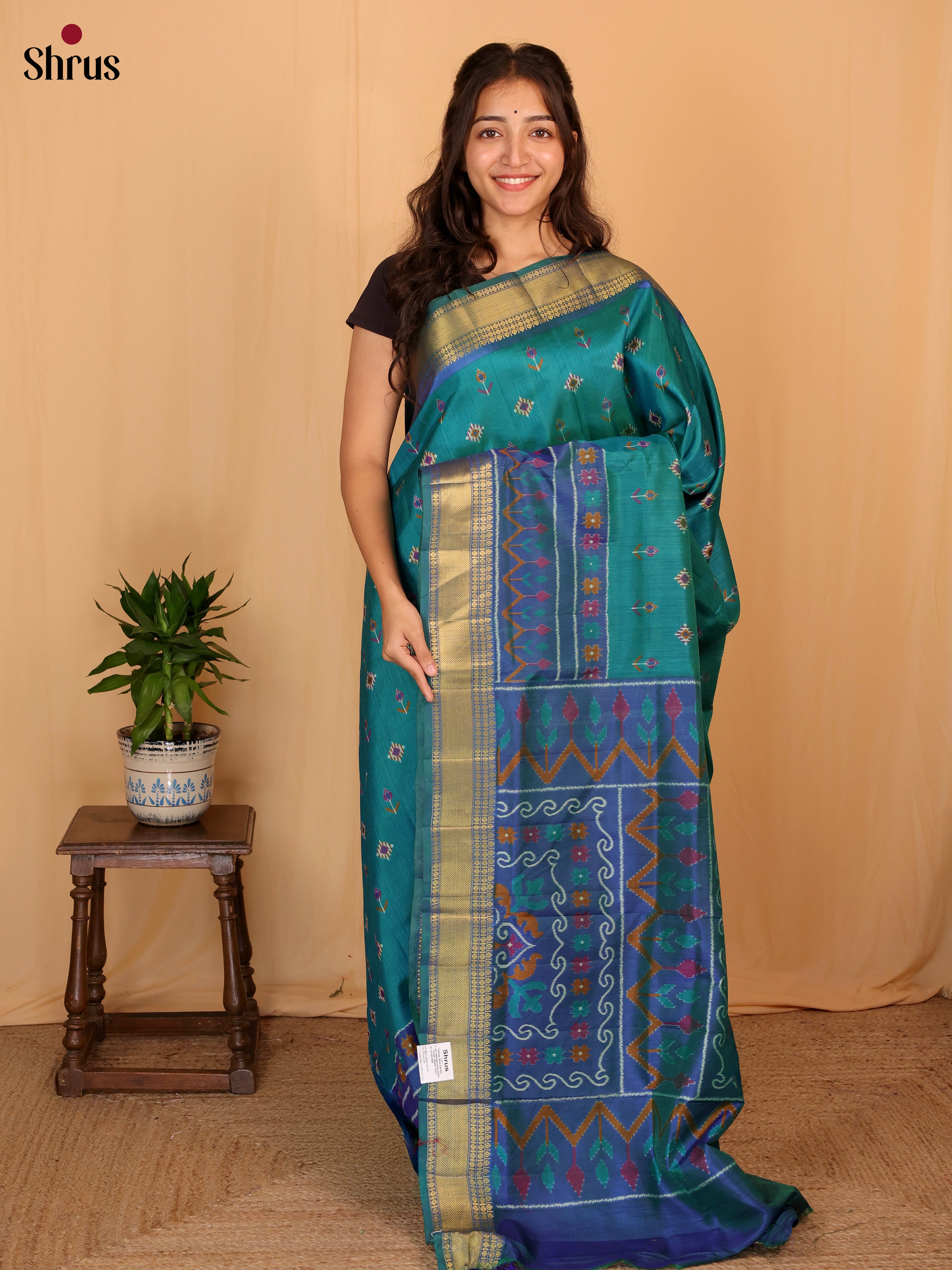 Teal & Blue - Semi Patola Saree - Shop on Shrus.com