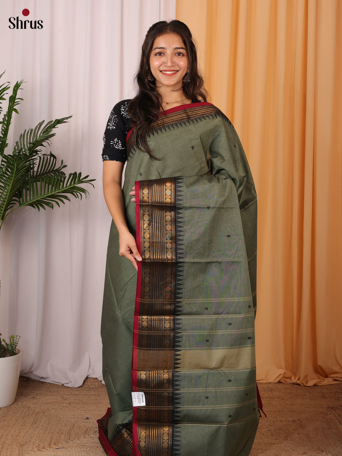 Grey Green & Maroon - Chettinad Cotton Saree