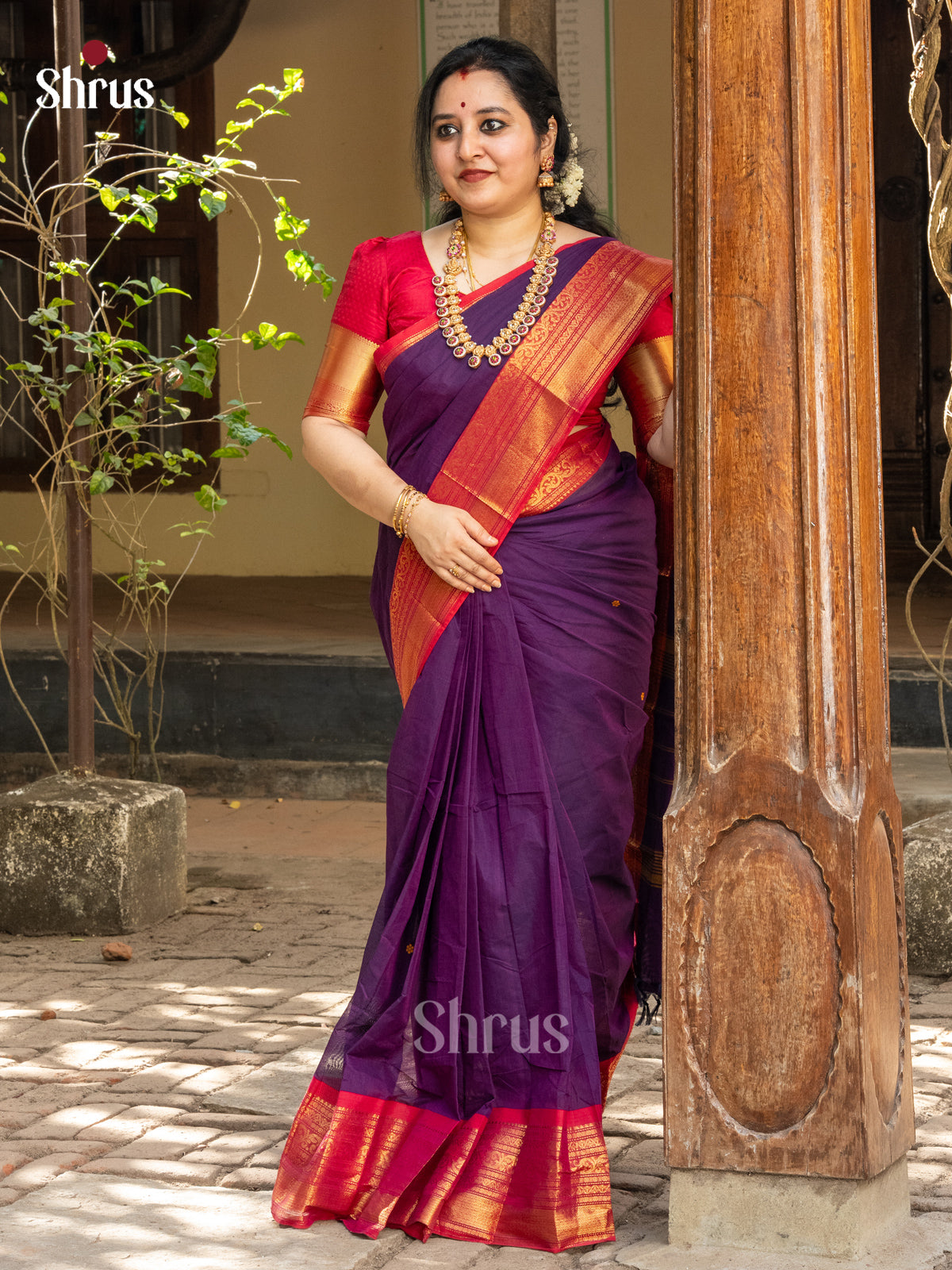Beautiful Purple Chettinad Cotton Saree With Thread Woven Buttas & Red Zari Border