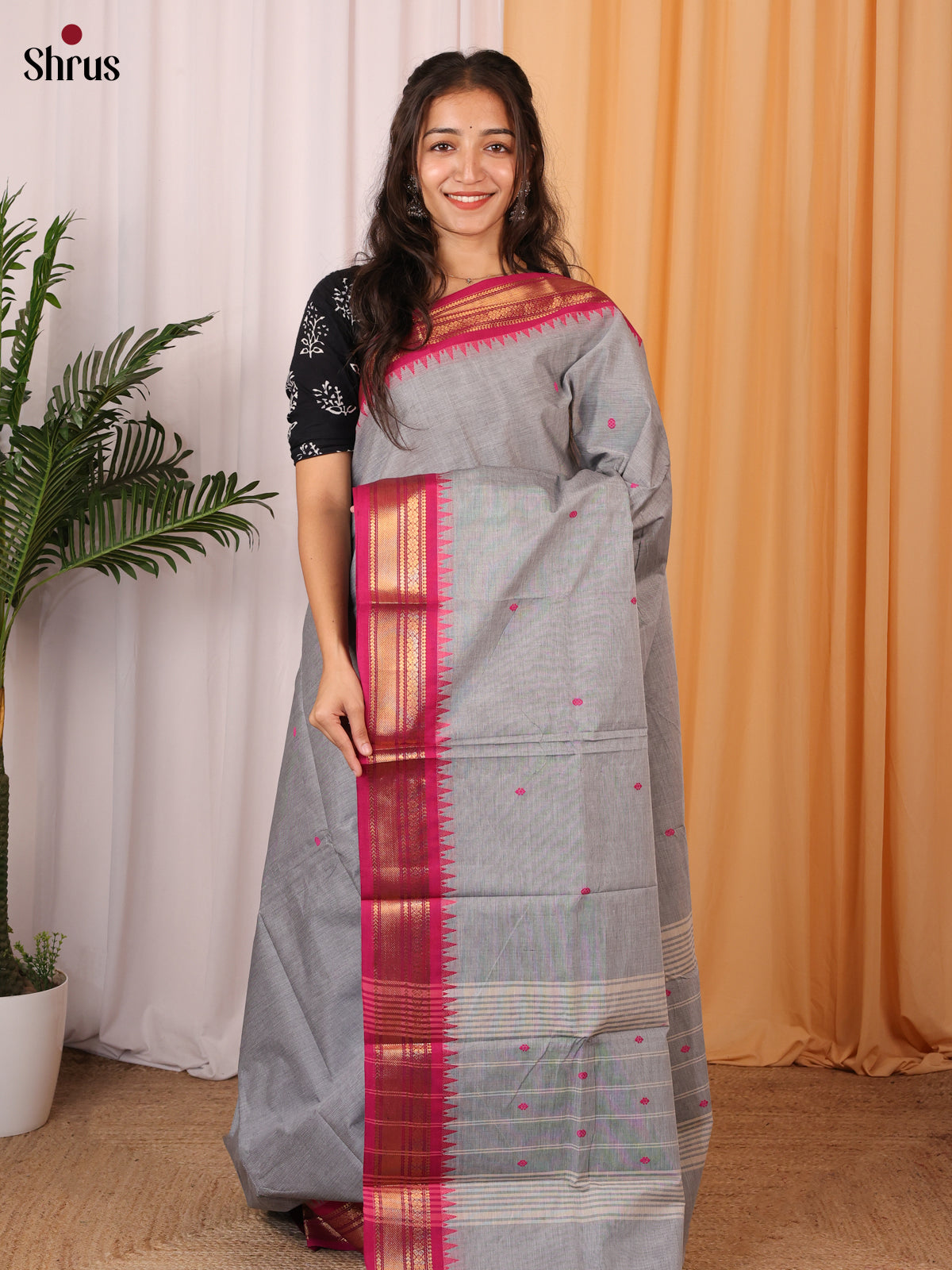 Grey & Maroon - Chettinad Cotton Saree