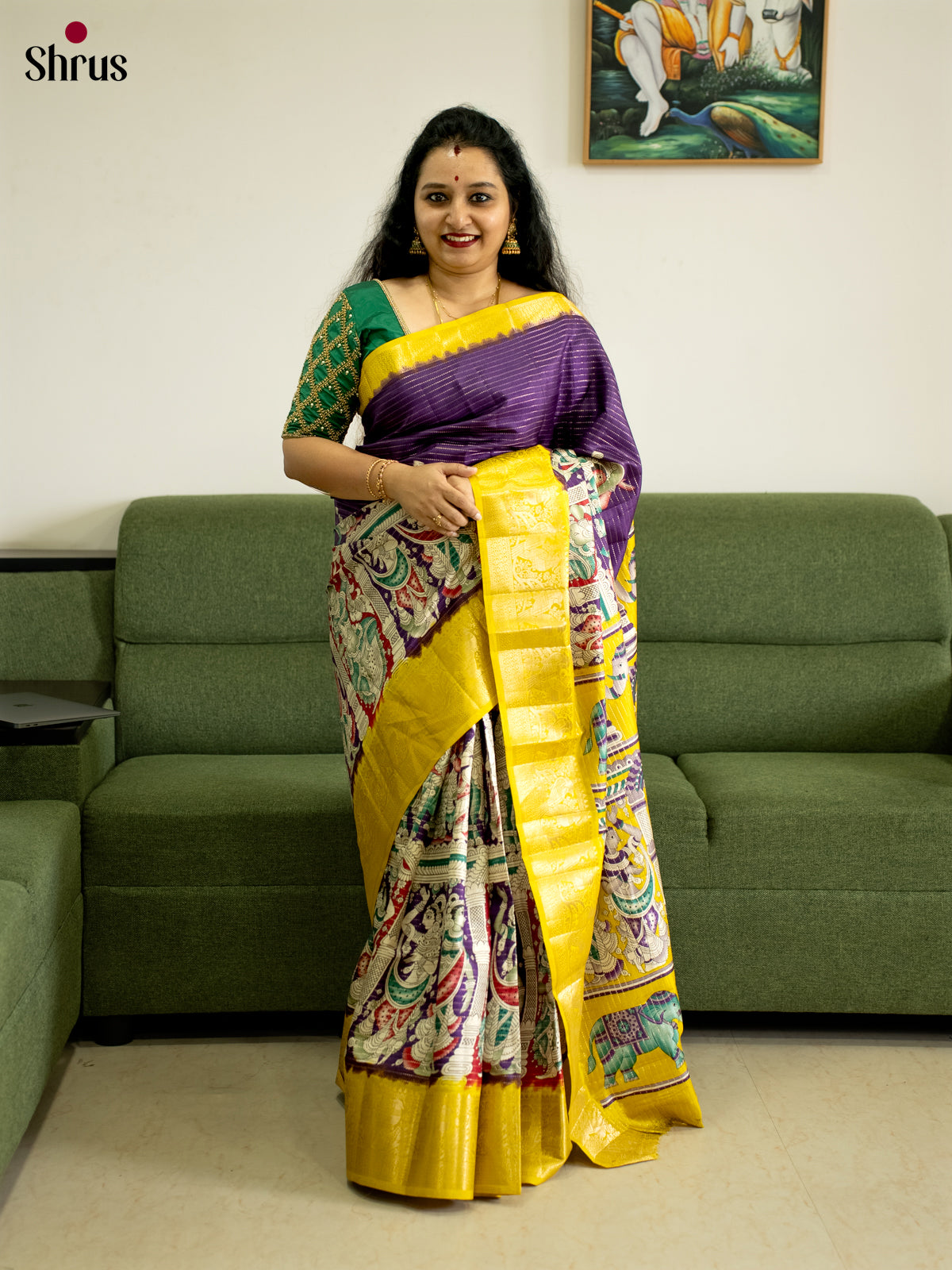 Violet & Yellow - Semi Tussar Saree