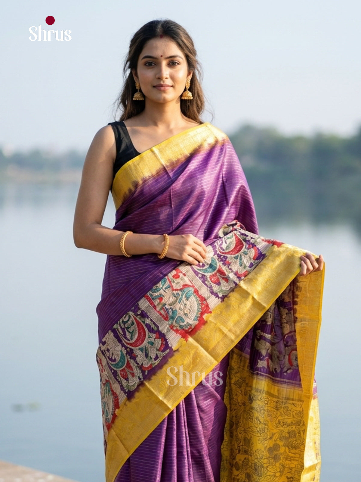 Violet & Yellow - Semi Tussar Saree