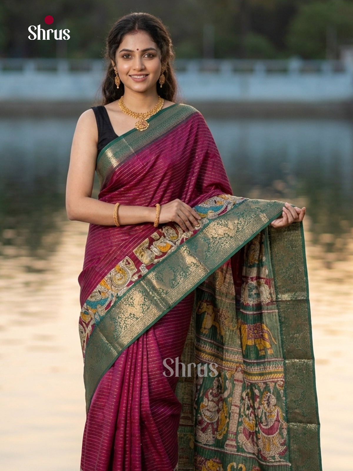Majenta & Green - Semi Tussar Saree