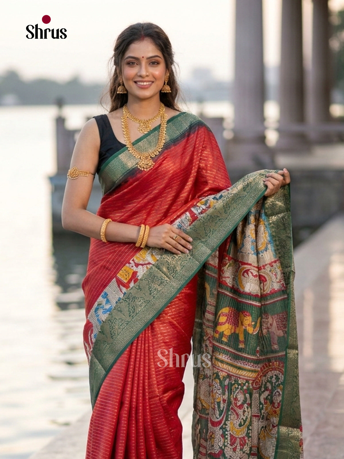Red & green - Semi Tussar Saree