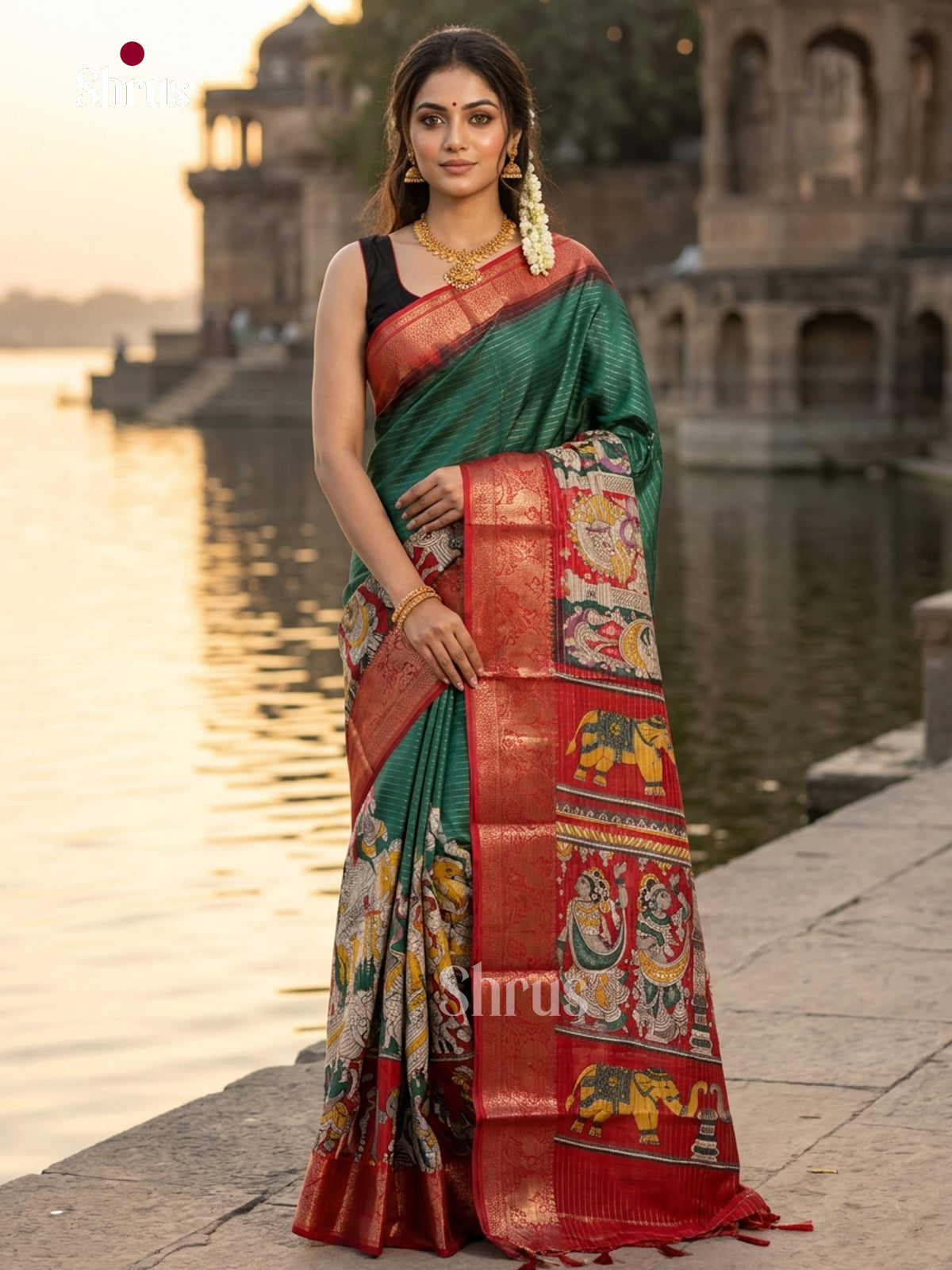 Green & Red - Semi Tussar Saree