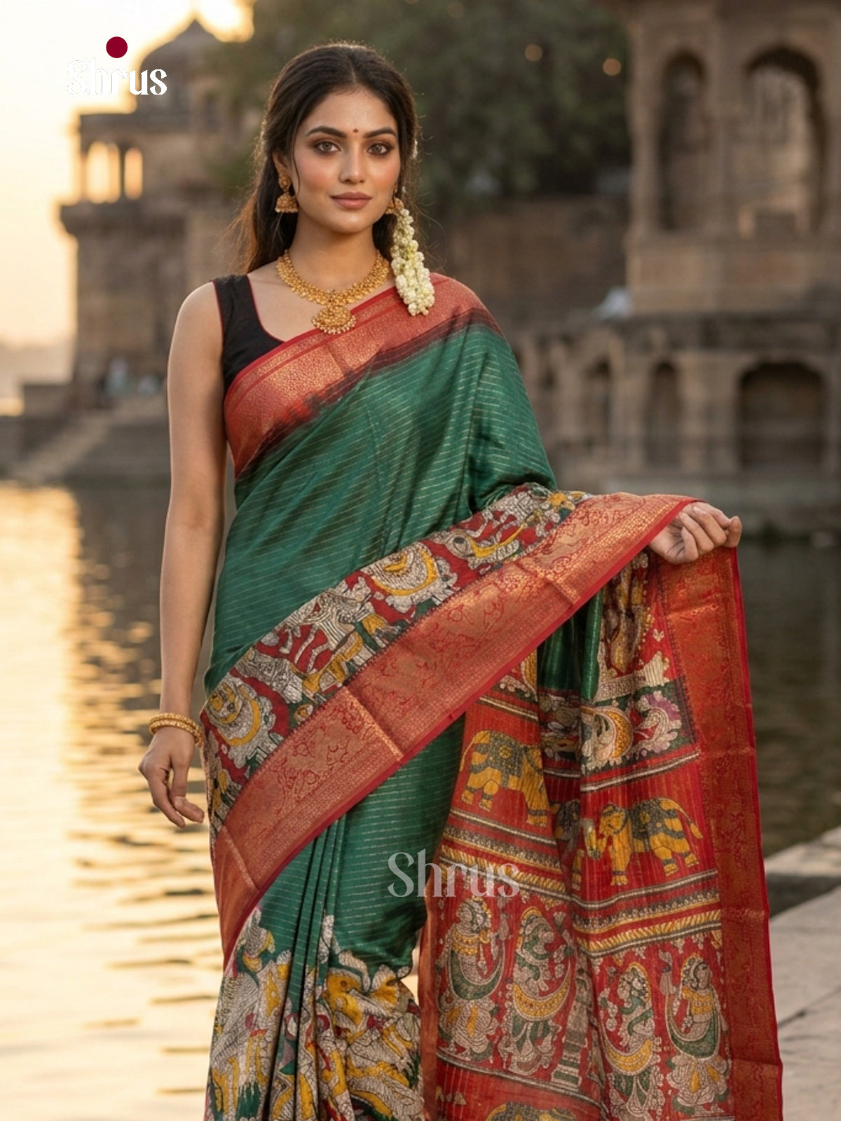 Green & Red - Semi Tussar Saree
