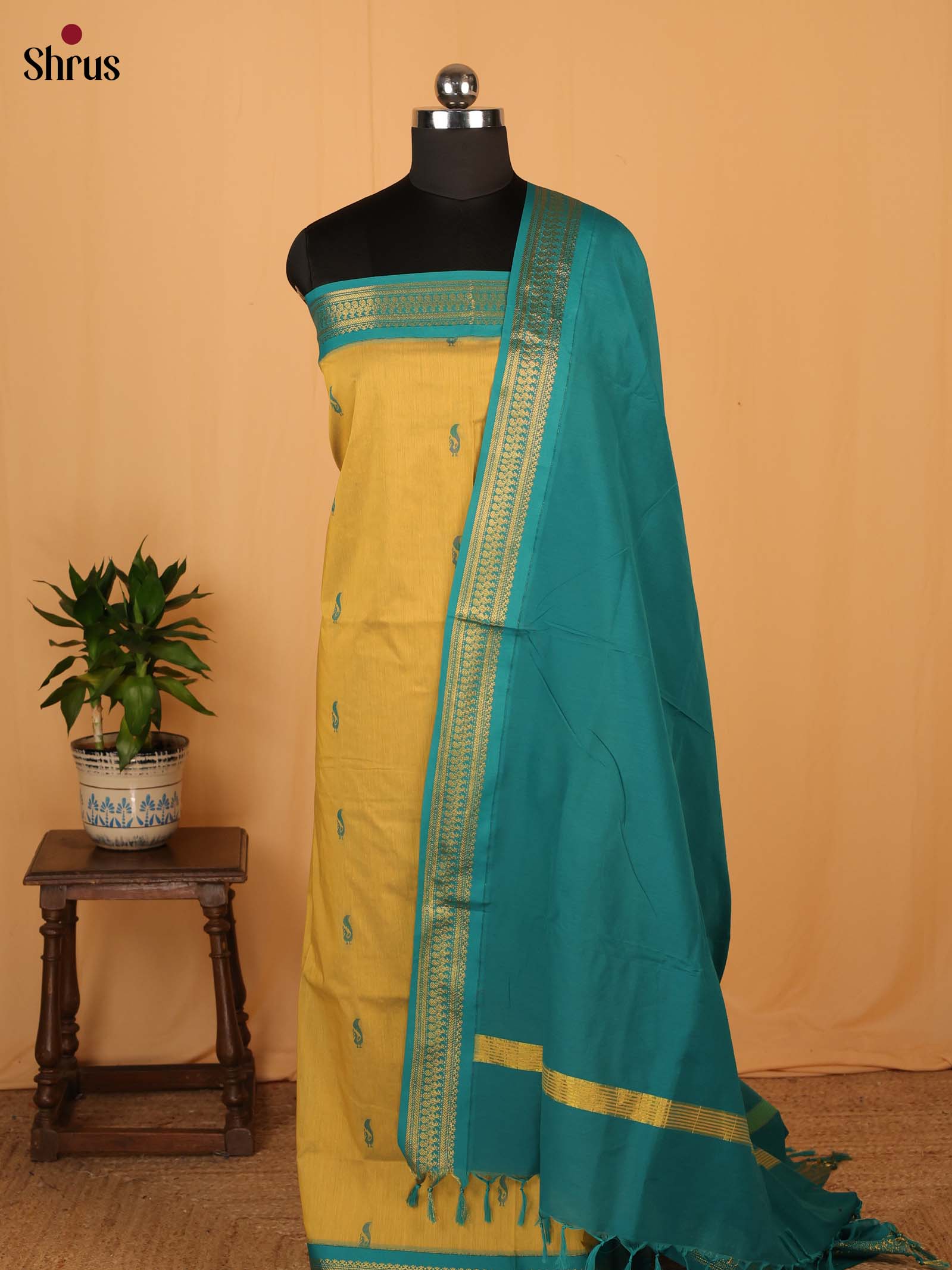 Yellow & Green - Kalyani Cotton salwar unstitch