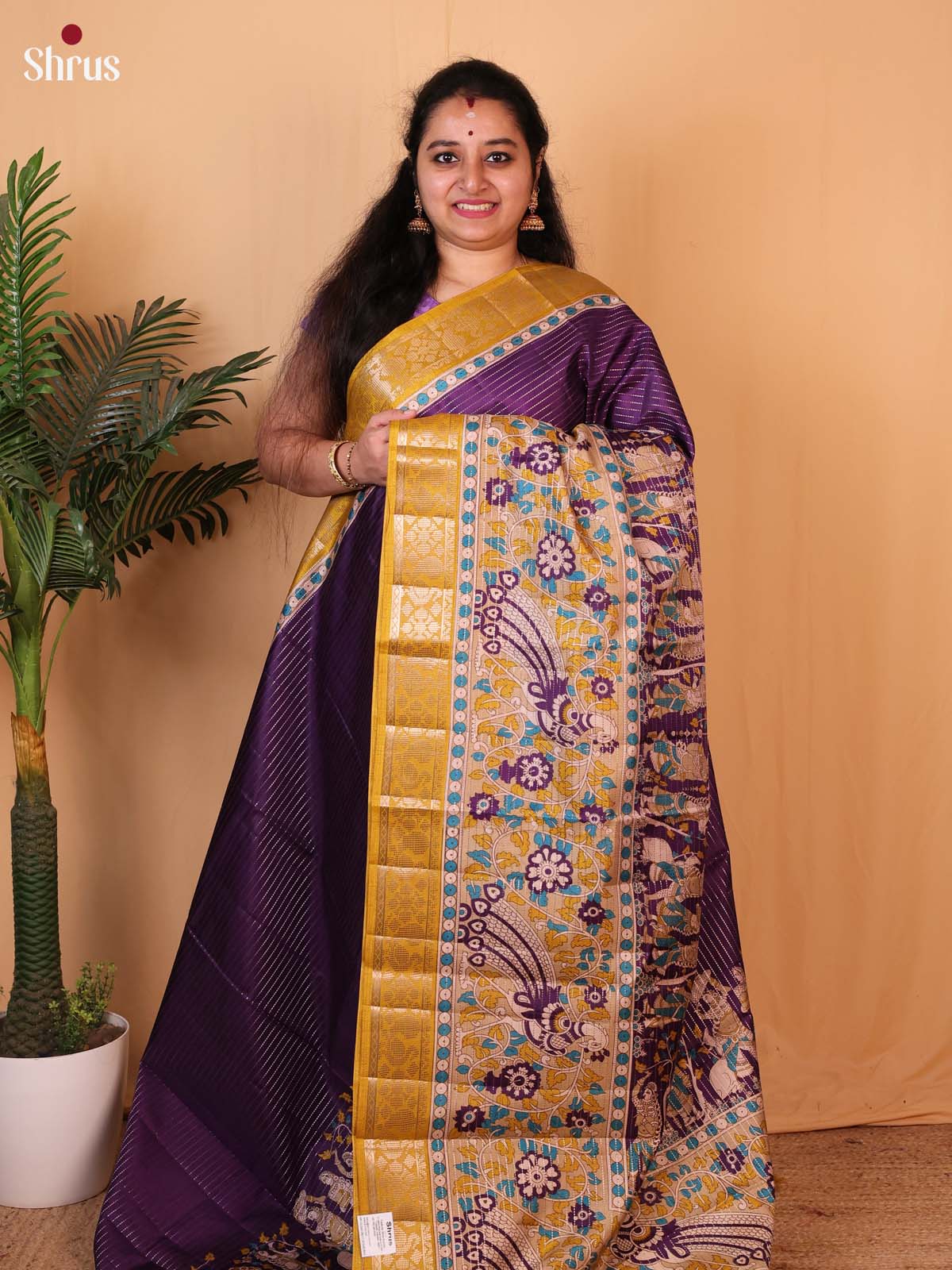 Violet & Mustard - Printed Semi Tussar Saree