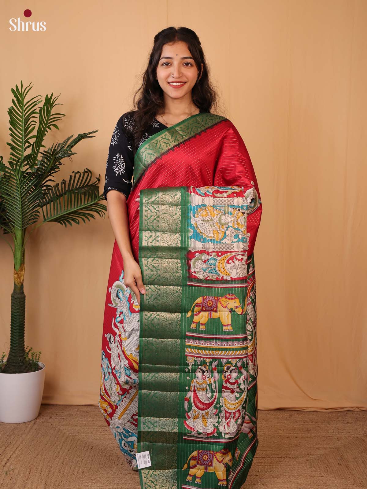 Red & Green - Printed Semi Tussar Saree