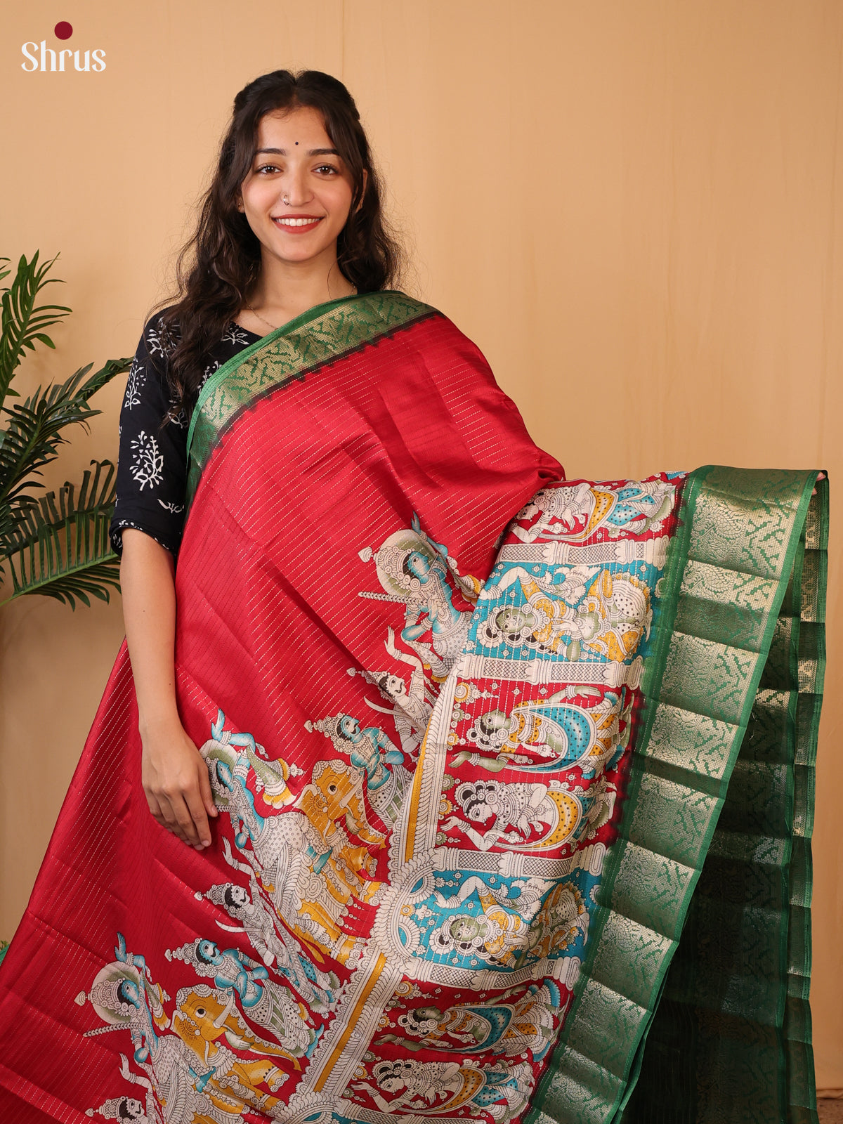 Red & Green - Printed Semi Tussar Saree