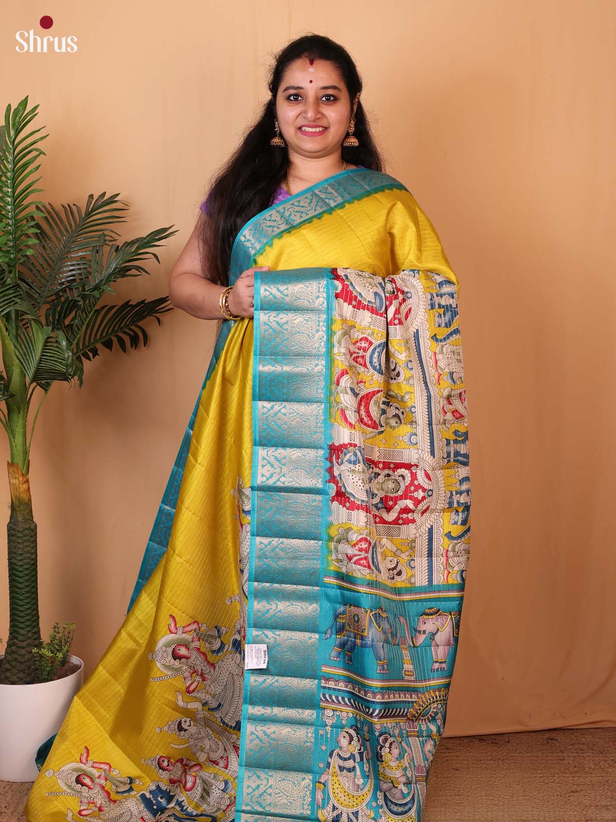 Yellow & Teal - Printed Semi Tussar Saree