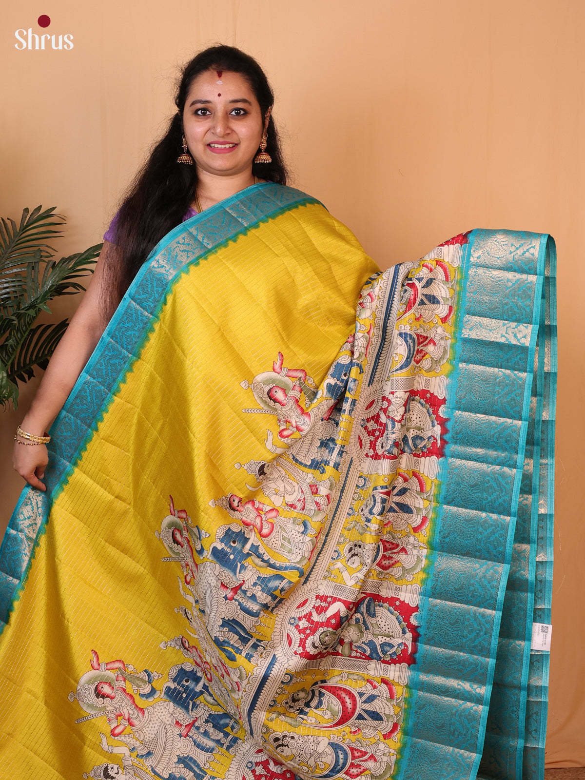 Yellow & Teal - Printed Semi Tussar Saree