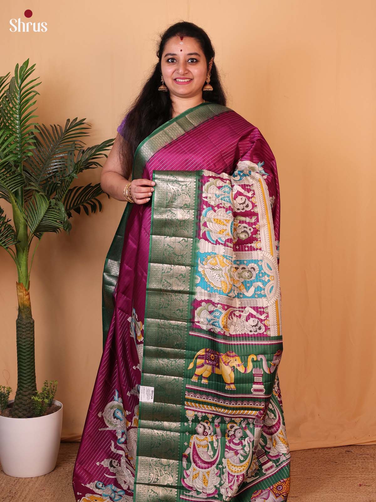 Wine & Green - Printed Semi Tussar Saree