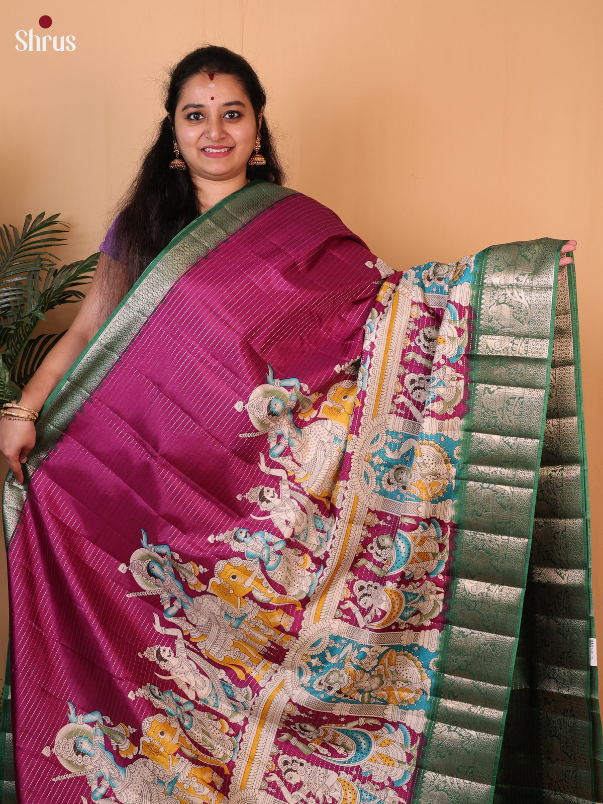 Wine & Green - Printed Semi Tussar Saree