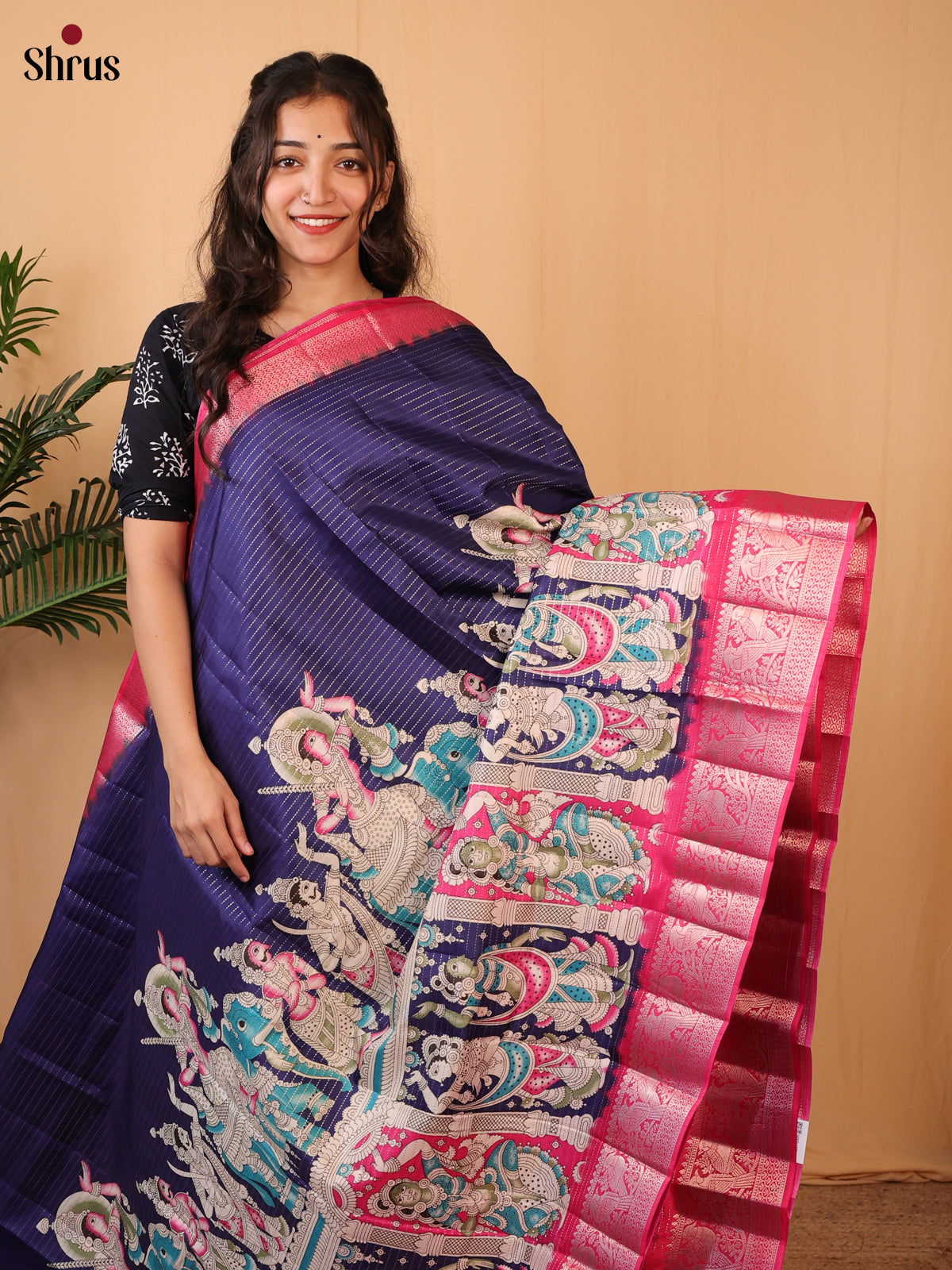 Violet & Pink - Printed Semi Tussar Saree