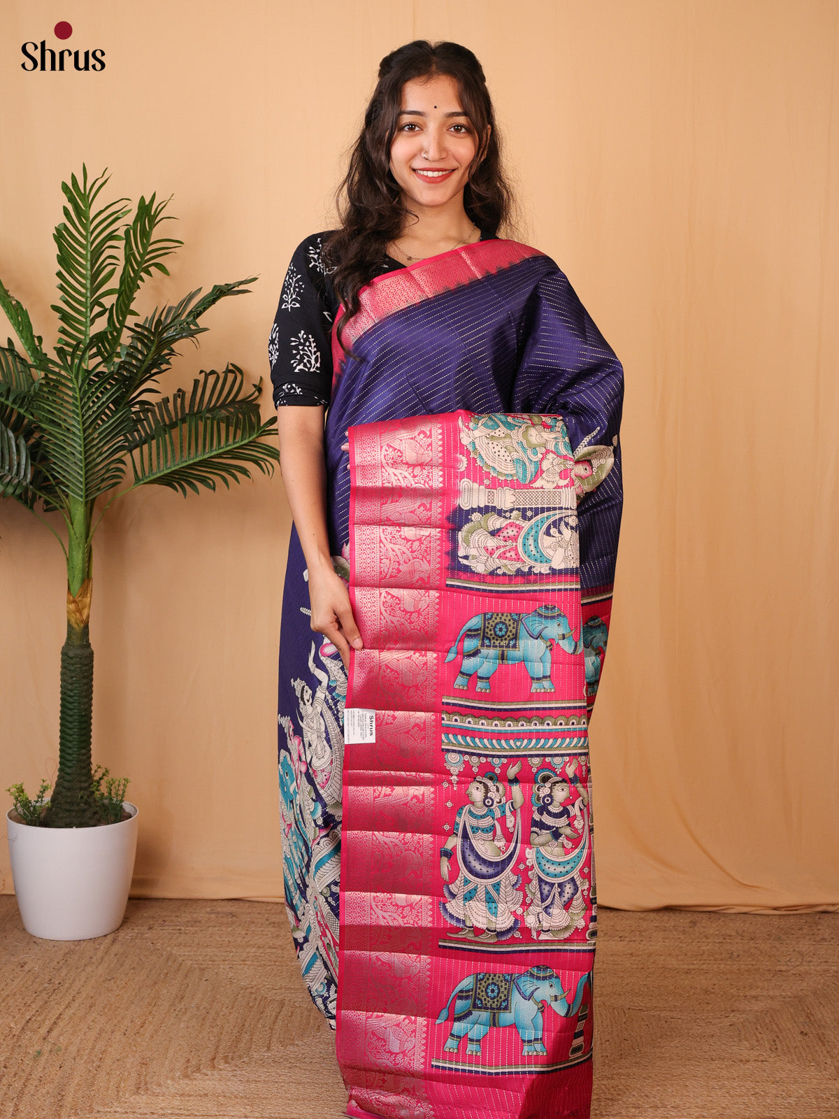 Violet & Pink - Printed Semi Tussar Saree