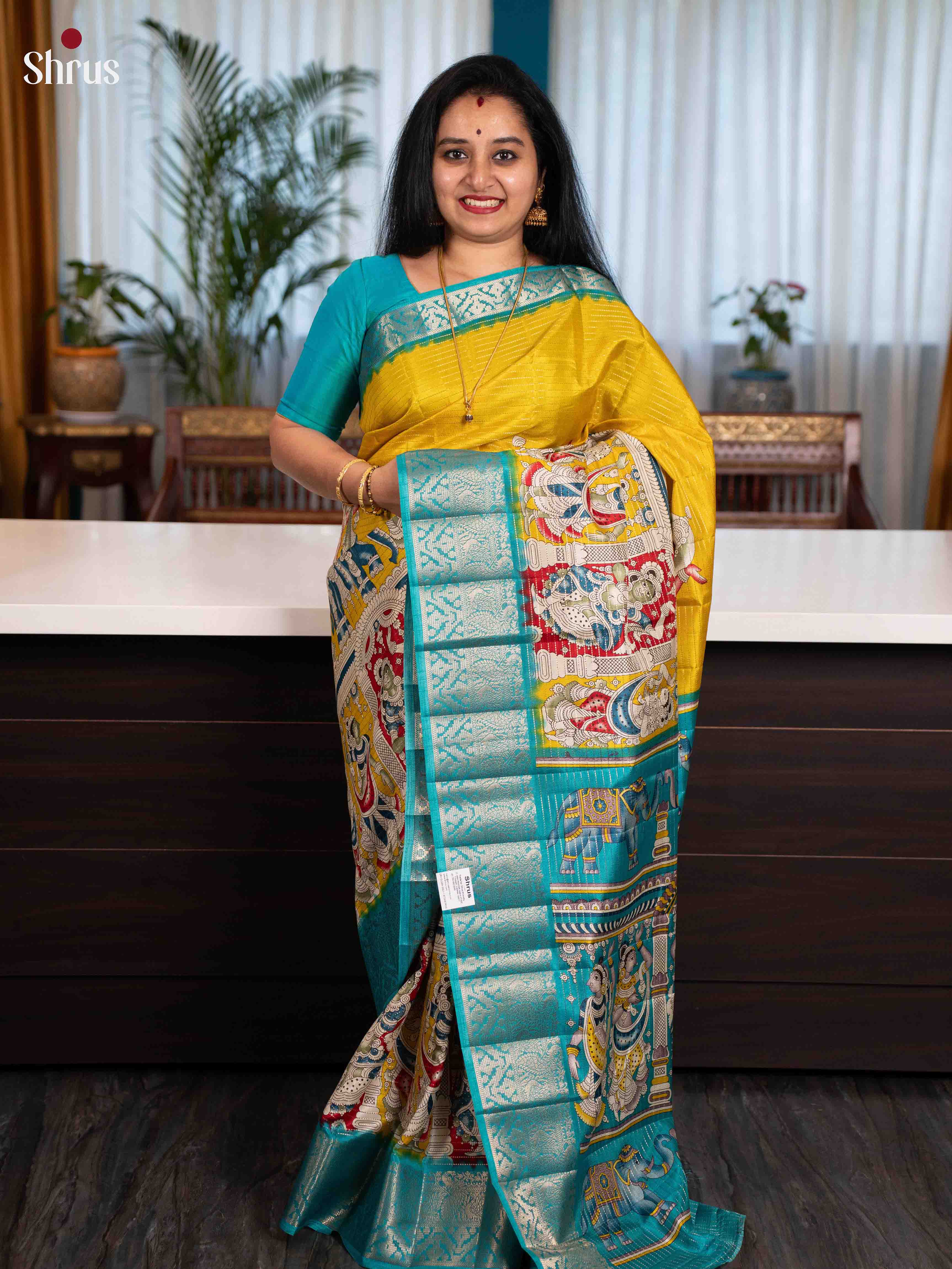 Yellow & Teal- Printed Semi Tussar