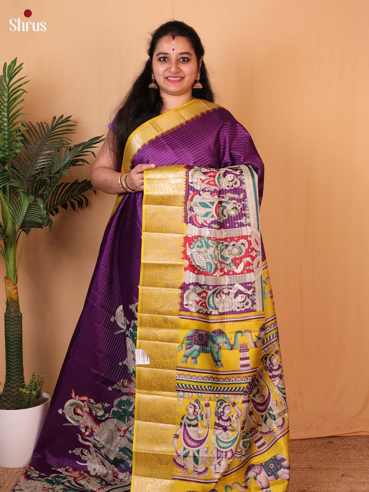 Purple & Yellow - Printed Semi Tussar Saree