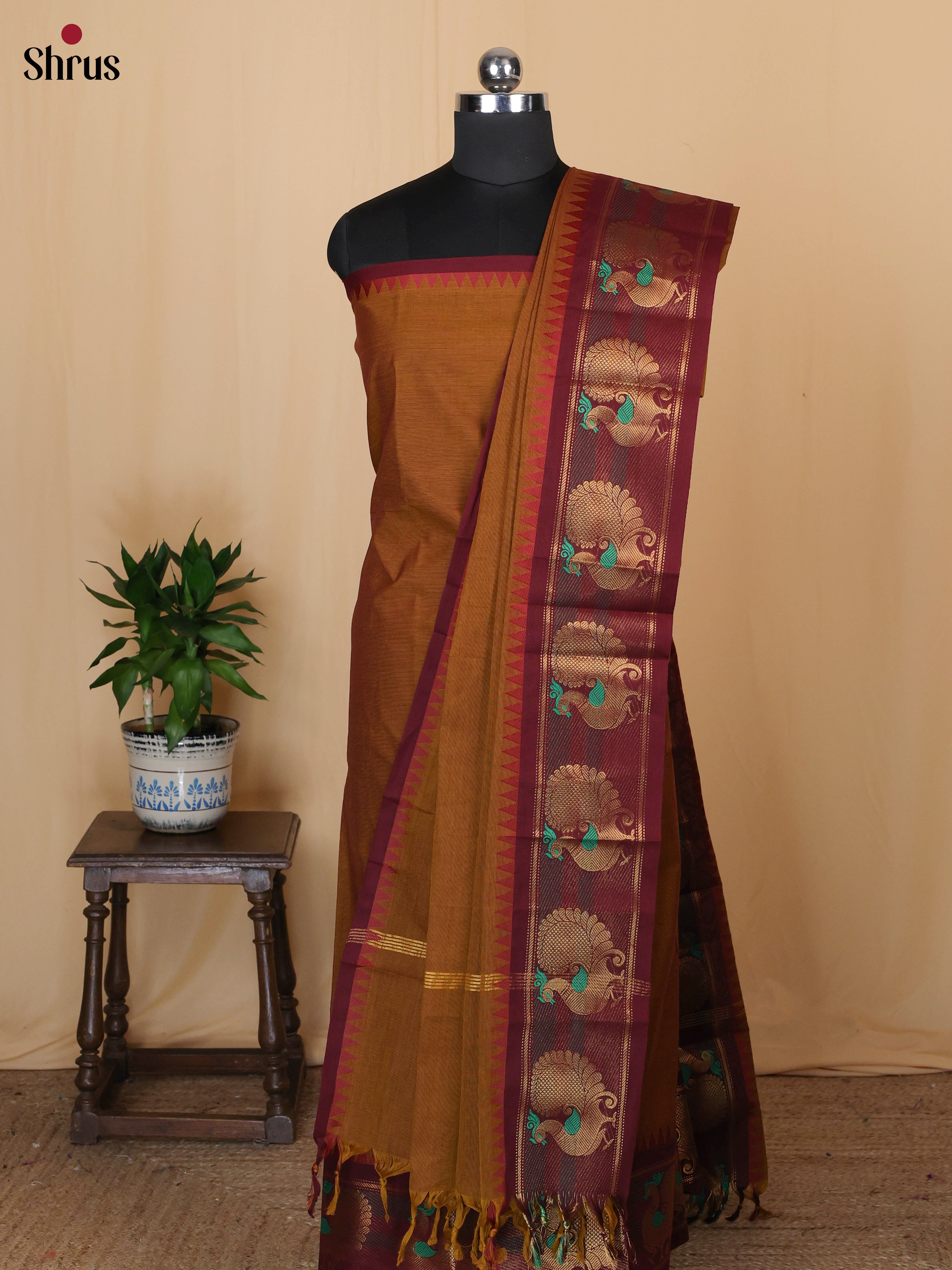 Dark Mustard & Brown - chettinad top & dupatta combo