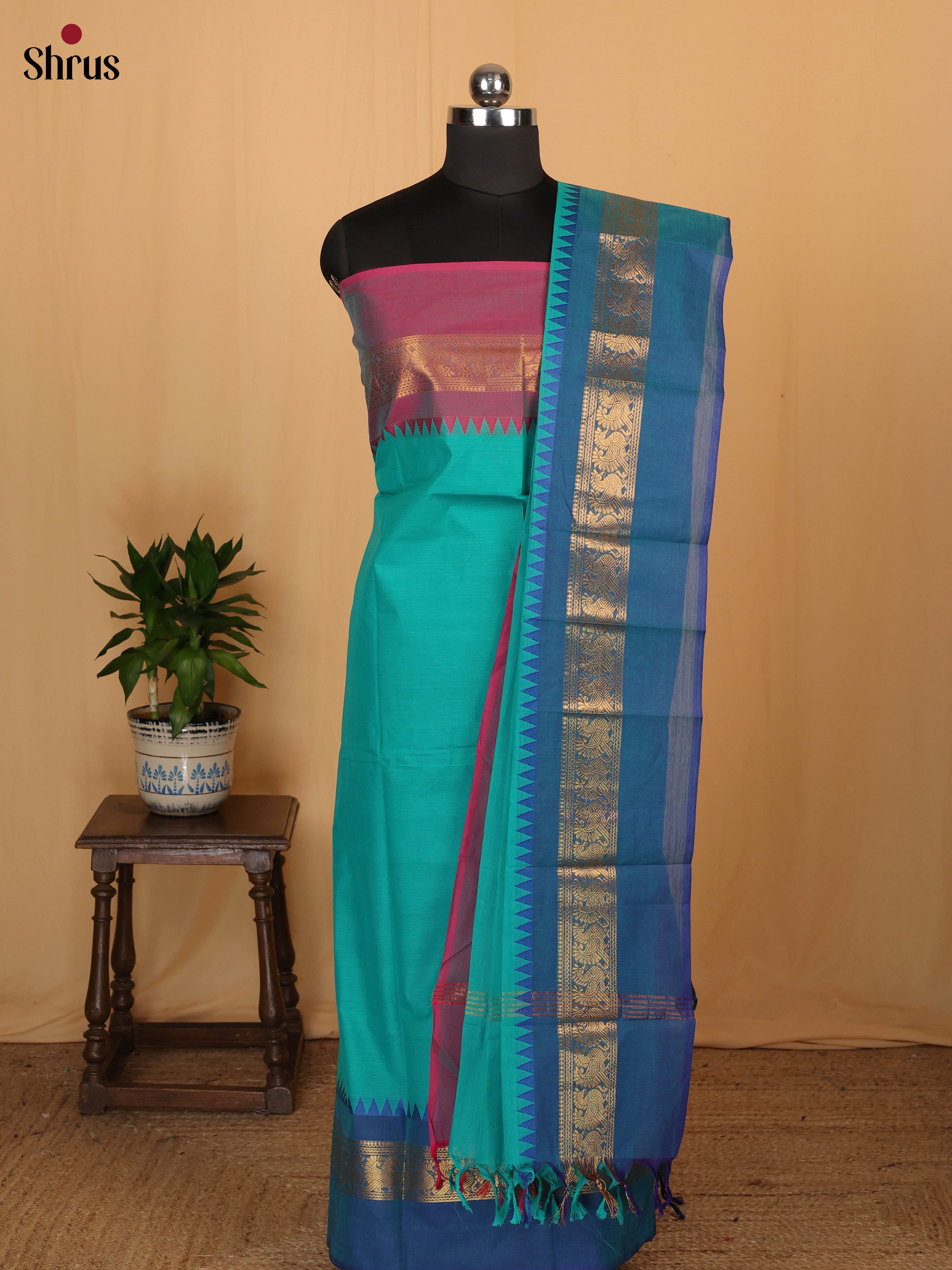 Teal & Blue - chettinad top & dupatta combo