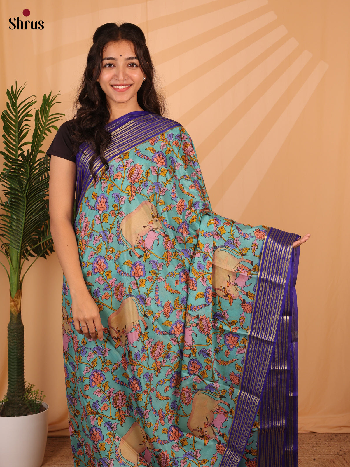 Teal & Blue - Mysore Silk Saree - Shop on Shrus.com