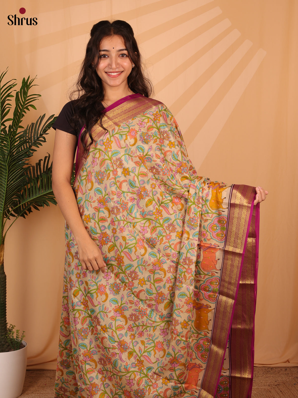Beige & Majenta - Mysore Silk Saree - Shop on Shrus.com