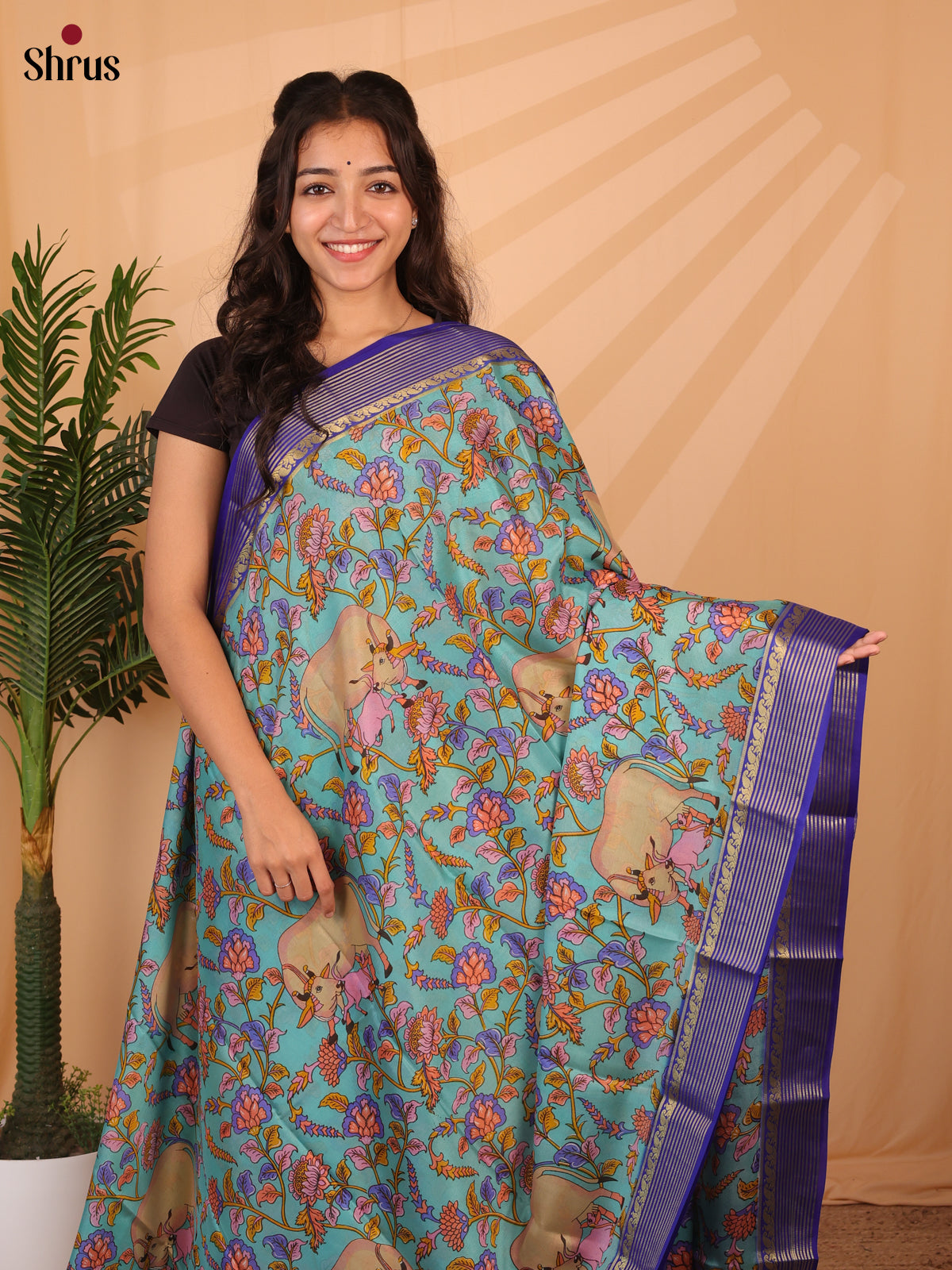 Teal  & Blue - Mysore Silk Saree - Shop on Shrus.com