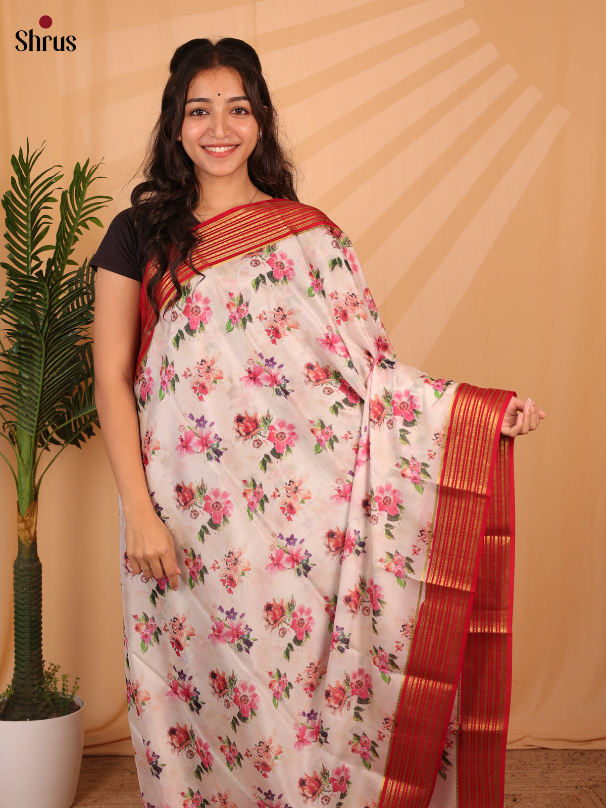 Cream & Red - Mysore Silk Saree