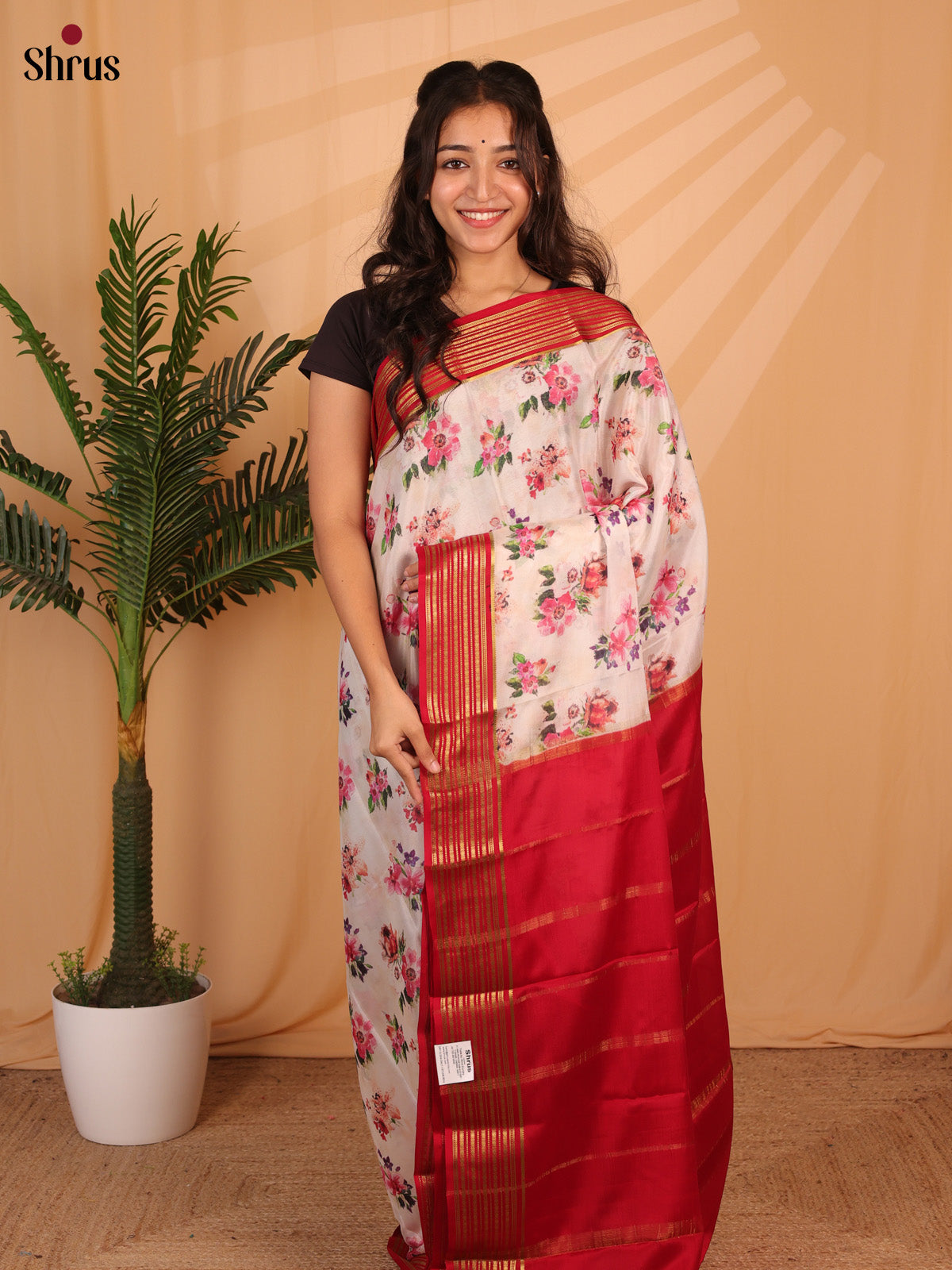 Cream & Red - Mysore Silk Saree