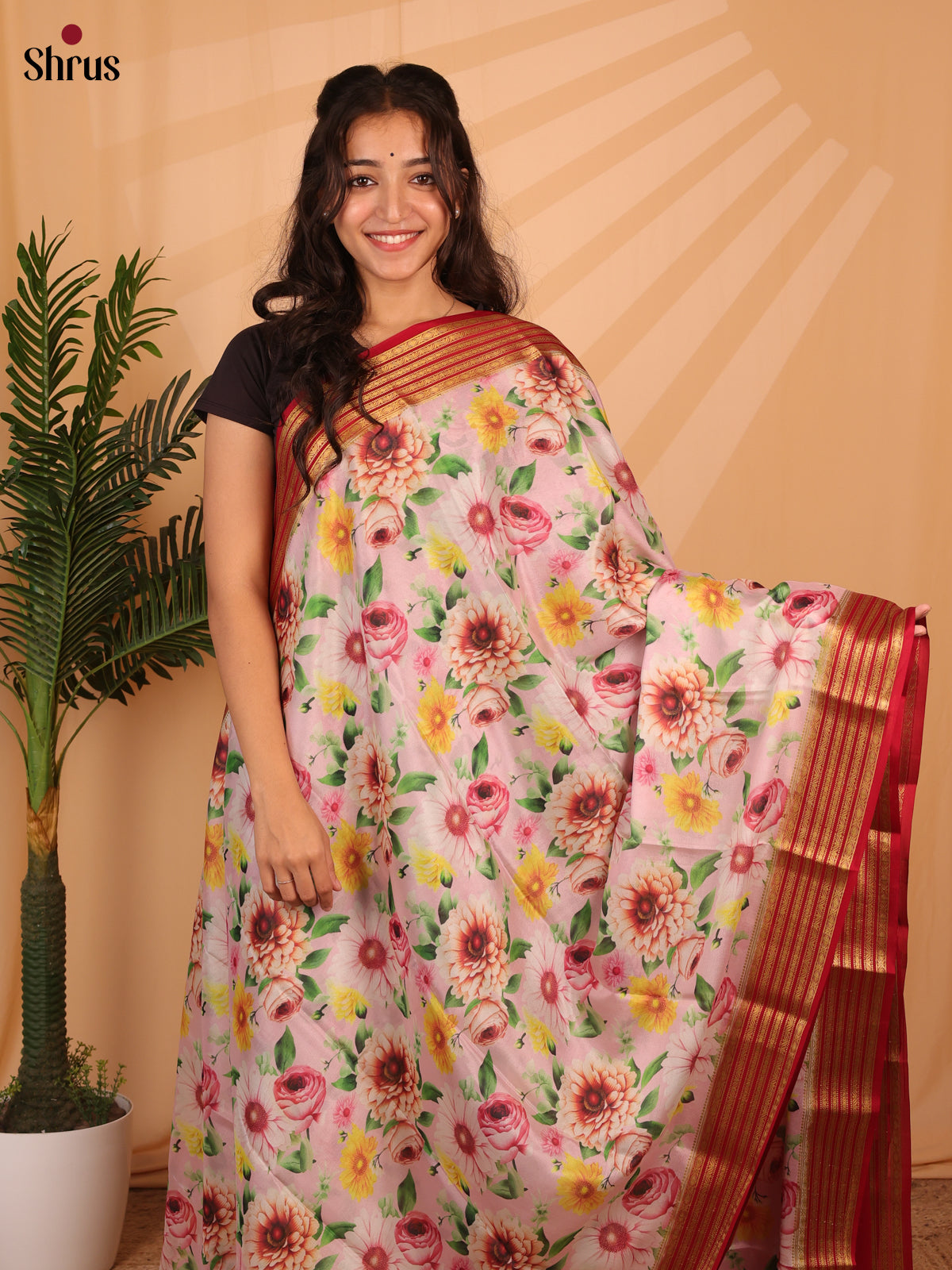 Pink & Maroon - Mysore Silk Saree - Shop on Shrus.com