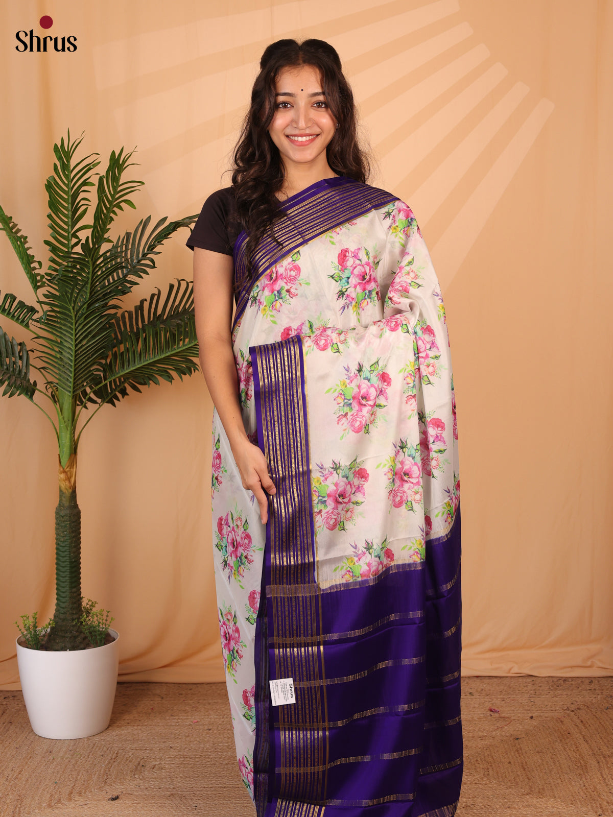 Cream & Violet - Mysore Silk Saree