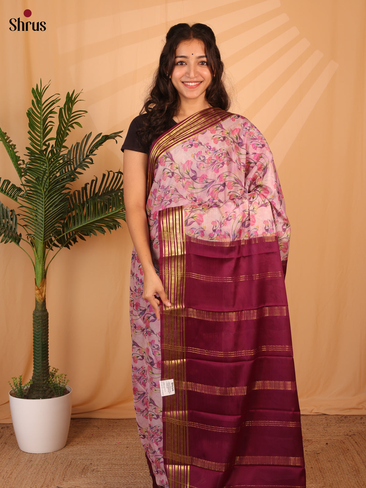 Pink  & Wine - Mysore Silk Saree