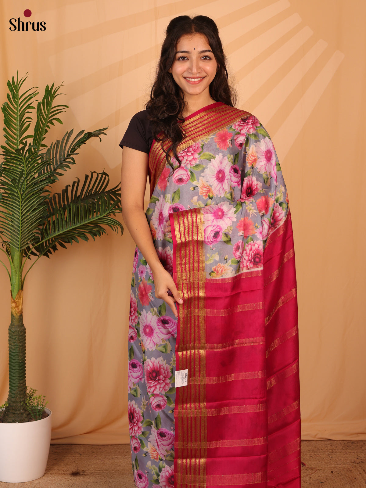 Grey & Maroon - Mysore Silk Saree