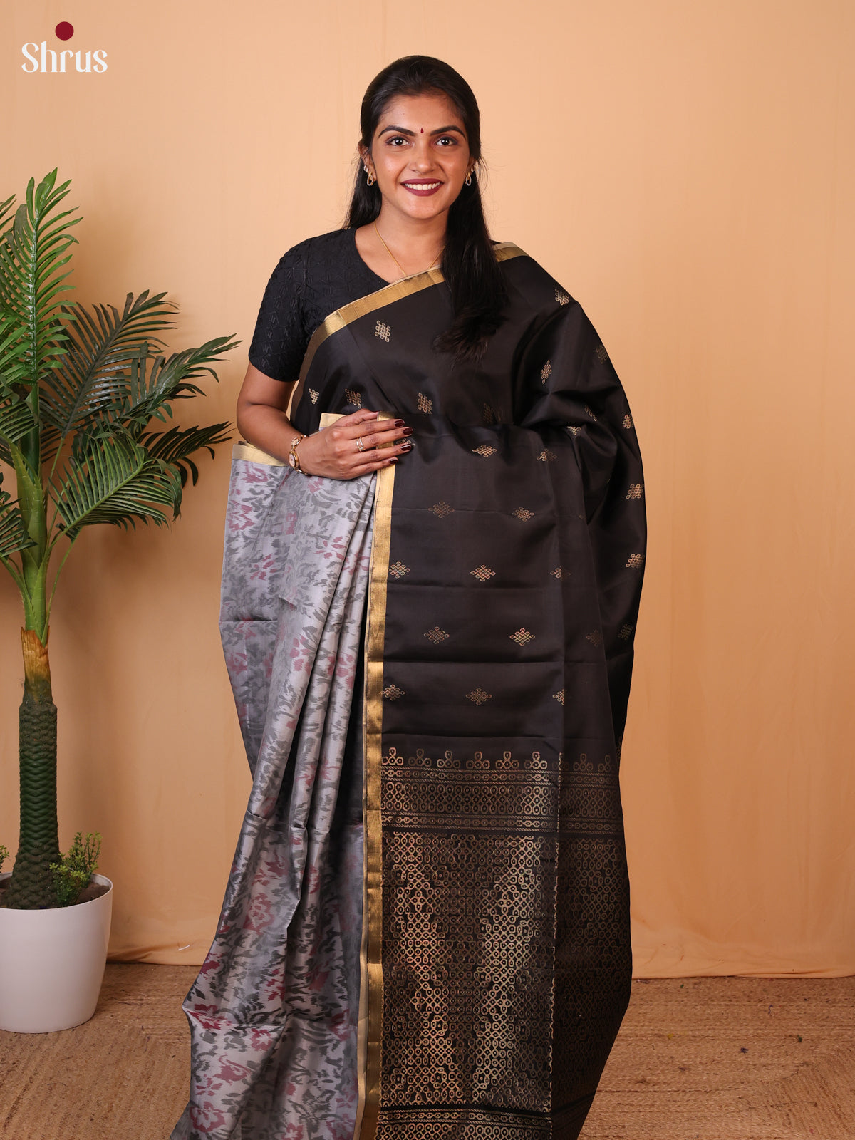 Grey & Black - Soft Silk Saree