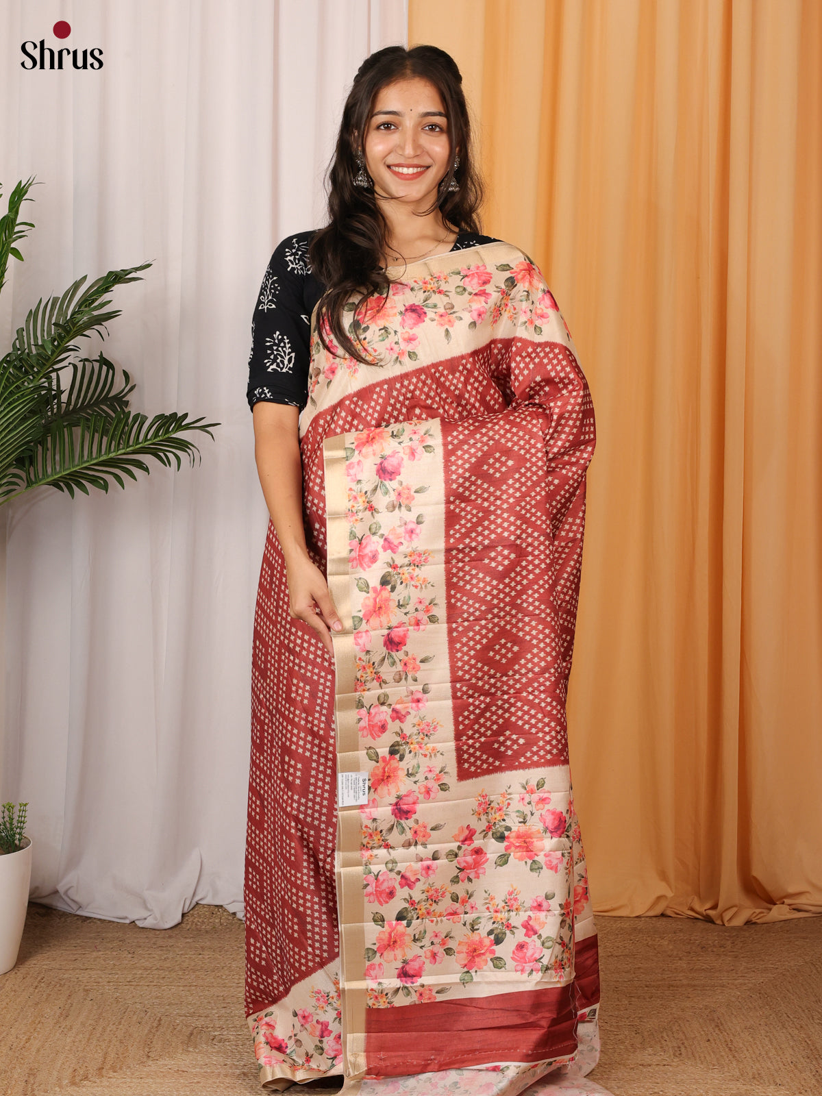 Brown & Cream- Printed Tussar Saree