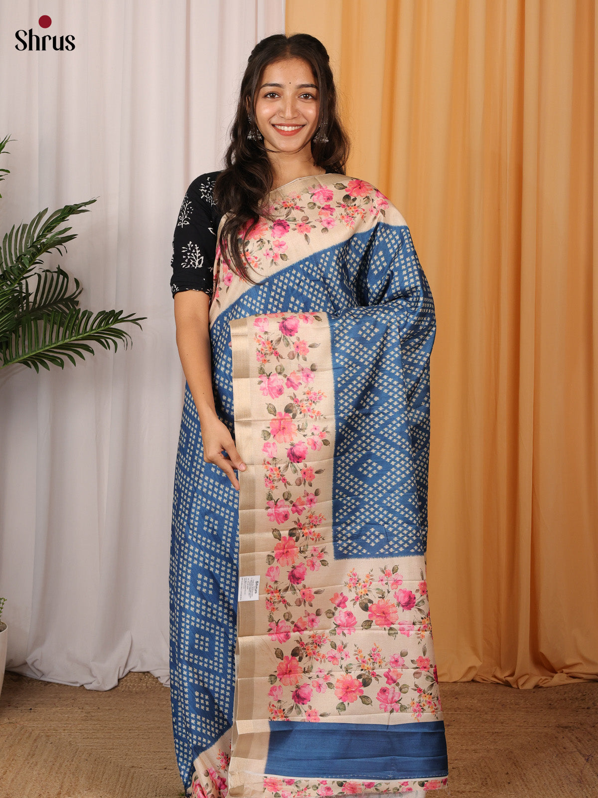 Blue & Cream - Printed Tussar Saree