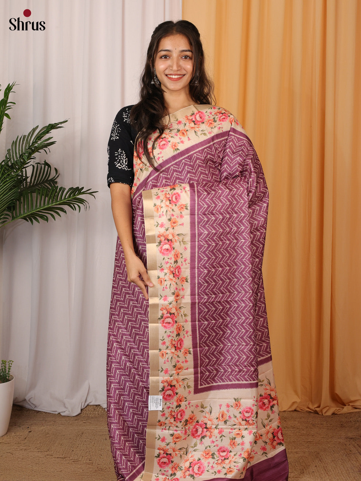 Purple & Cream - Printed Tussar Saree