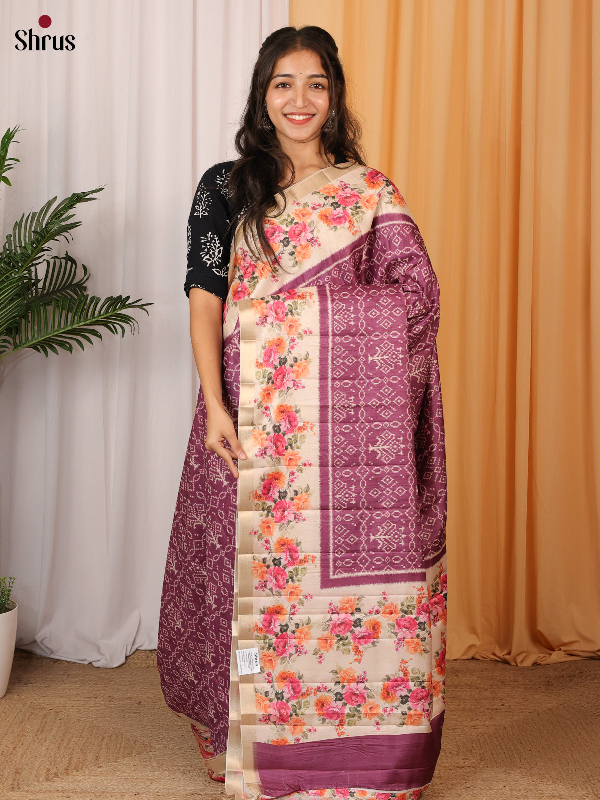 Purple & Cream - Printed Tussar Saree