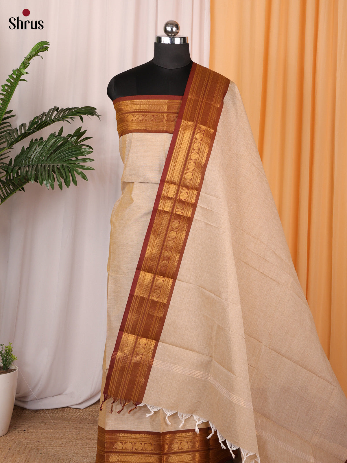Cream & Brown- chettinad top & dupatta combo - Shop on Shrus.com