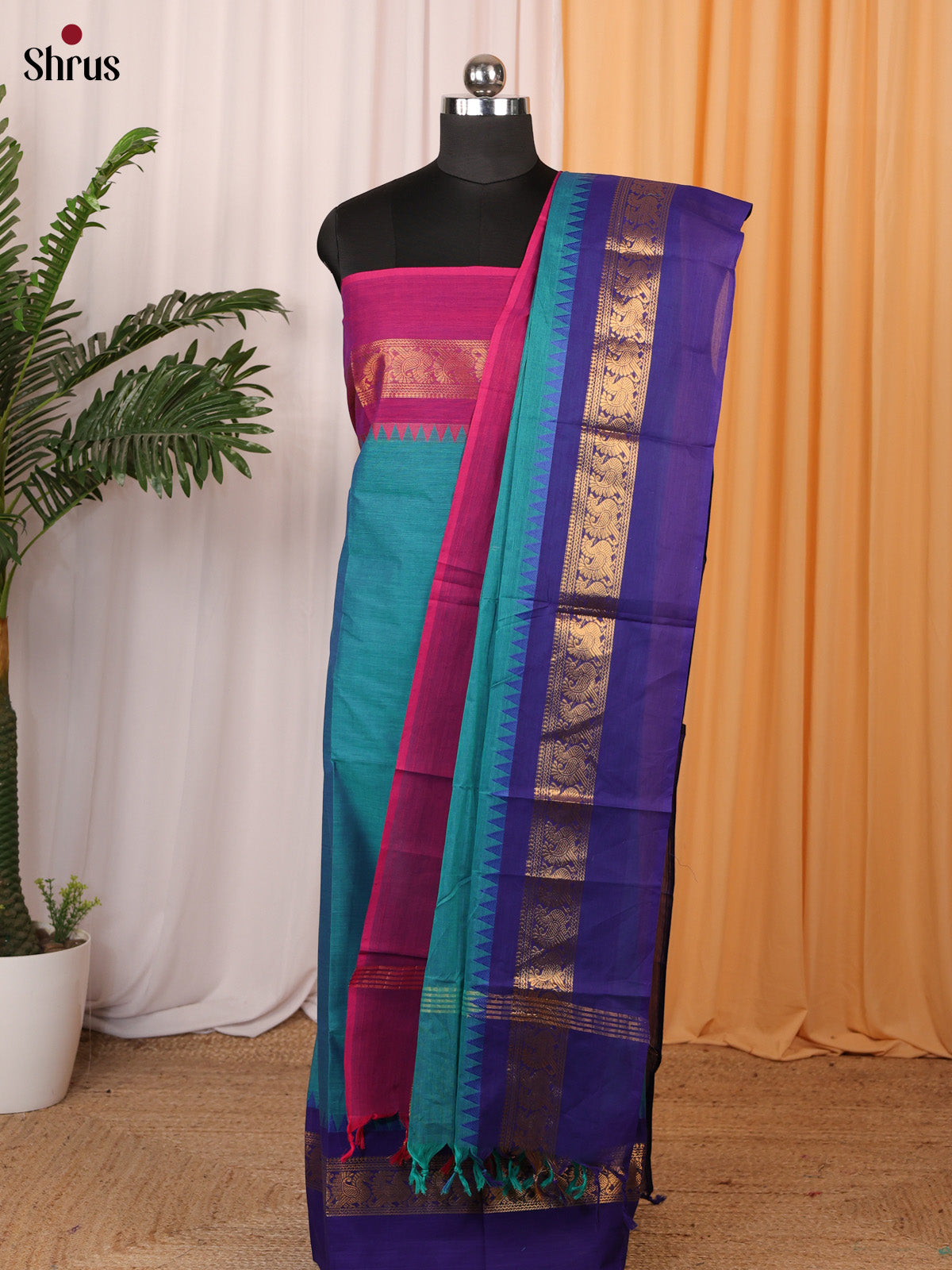 Teal & Pink- chettinad top & dupatta combo - Shop on Shrus.com