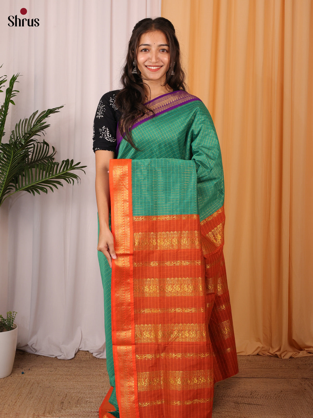 Green & Orange  - Kalyani Cotton Saree