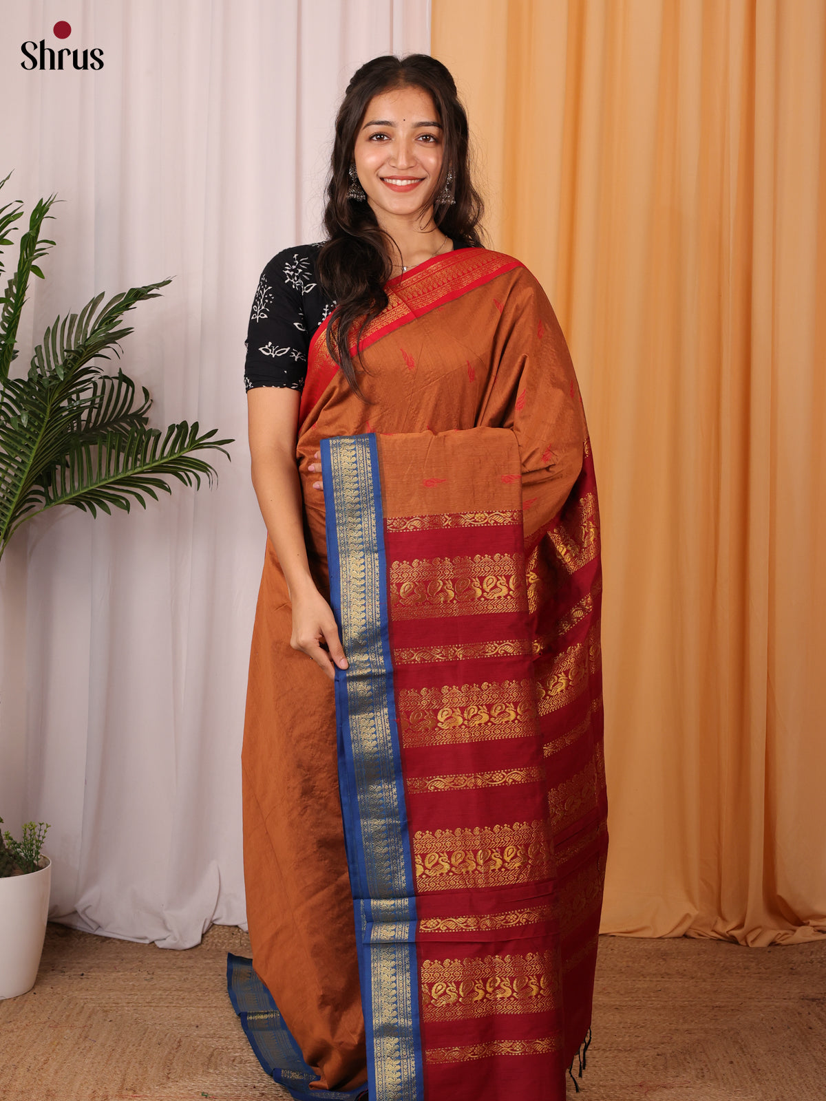 Brown & Maroon - Kalyani Cotton Saree