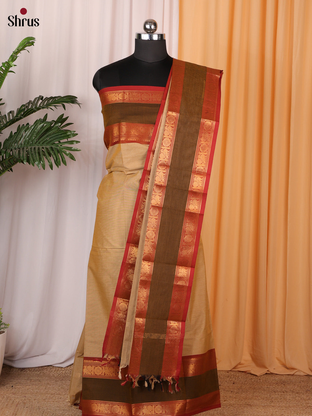 Lite Brown & Red - chettinad top & dupatta combo