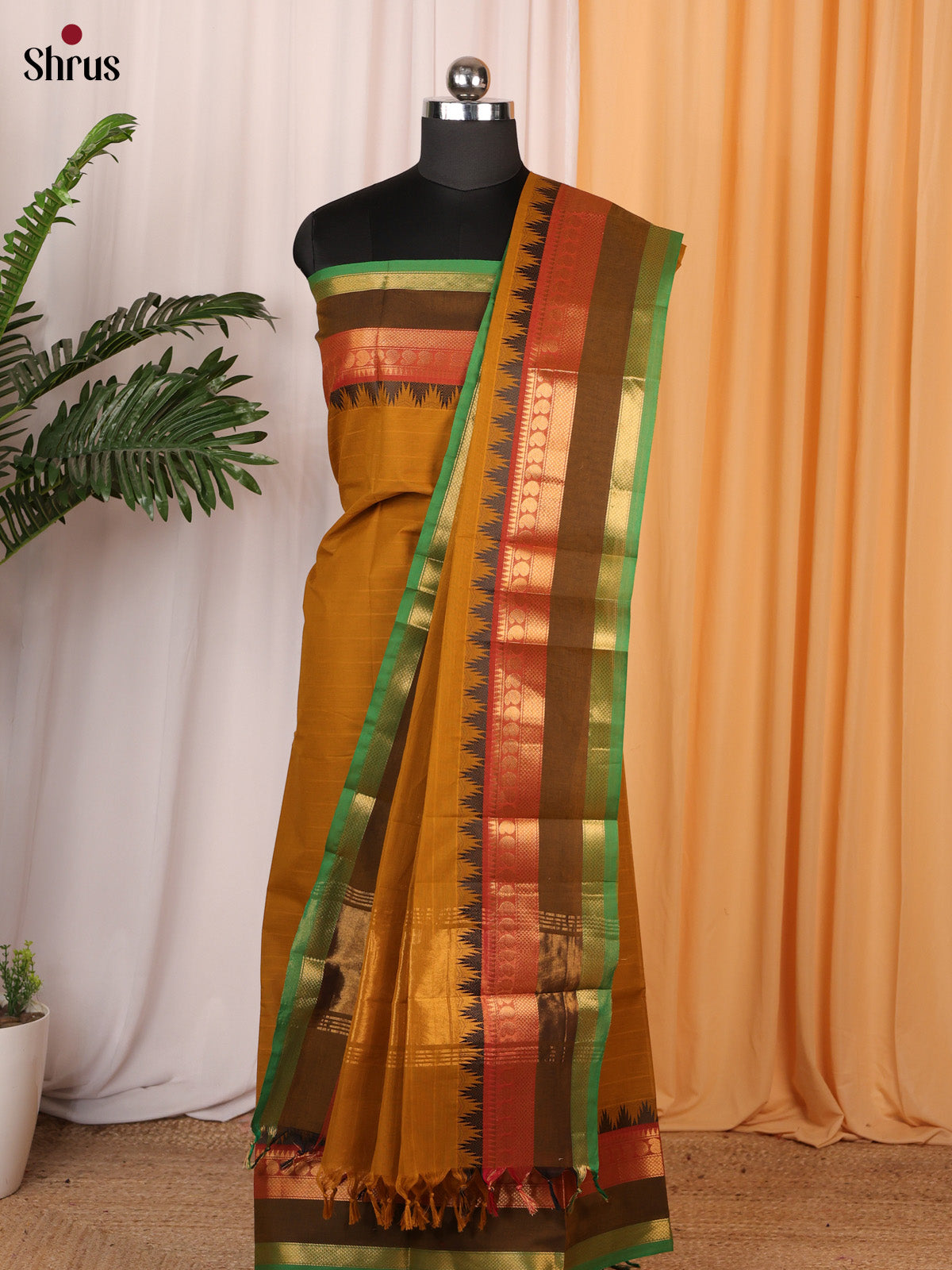 Dark Mustard & Green - chettinad top & dupatta combo