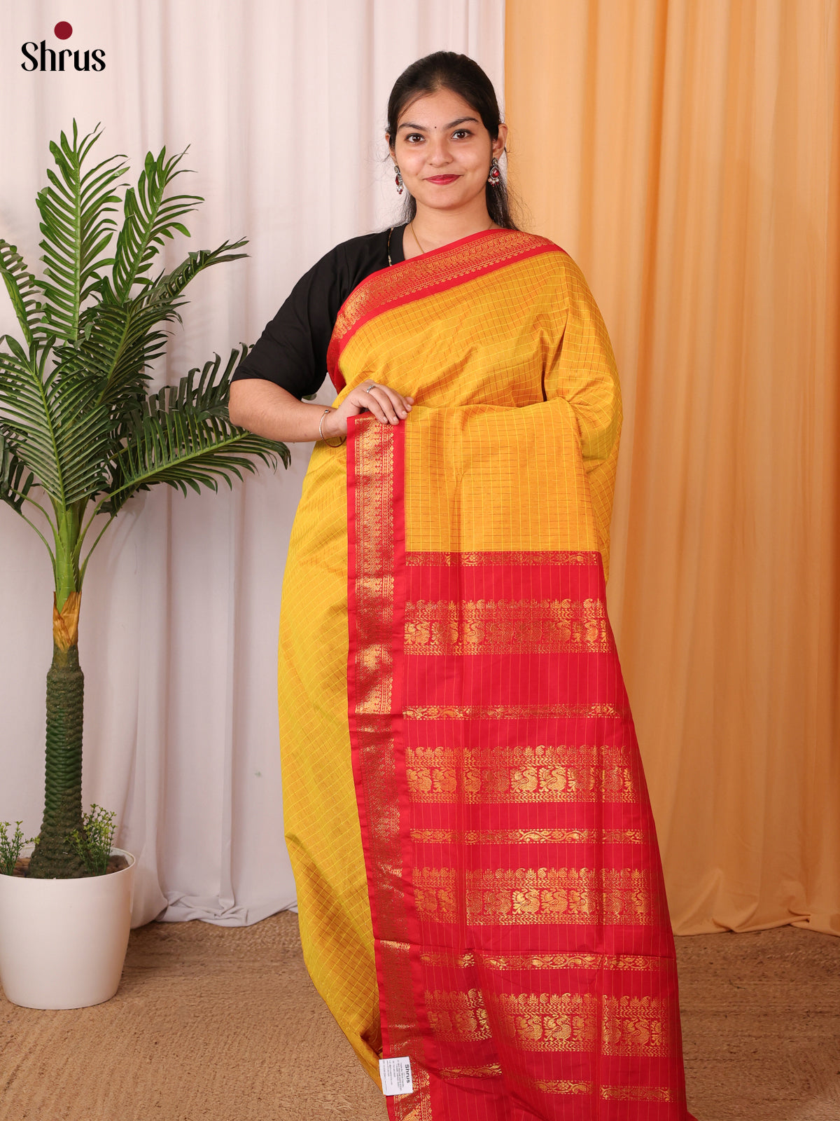 Mustard  & Red - Kalyani Cotton Saree