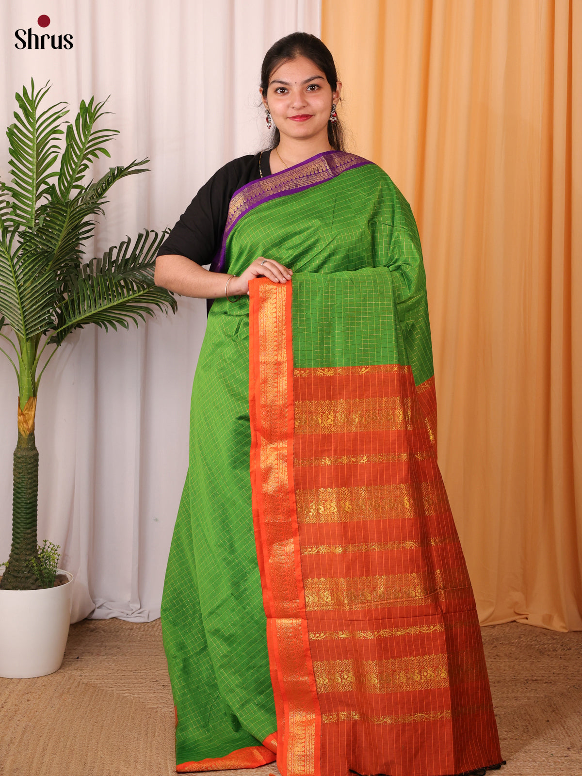 Lite Green & Orange - Kalyani Cotton Saree