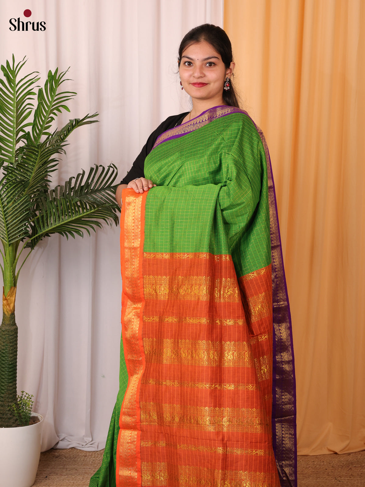 Lite Green & Orange - Kalyani Cotton Saree