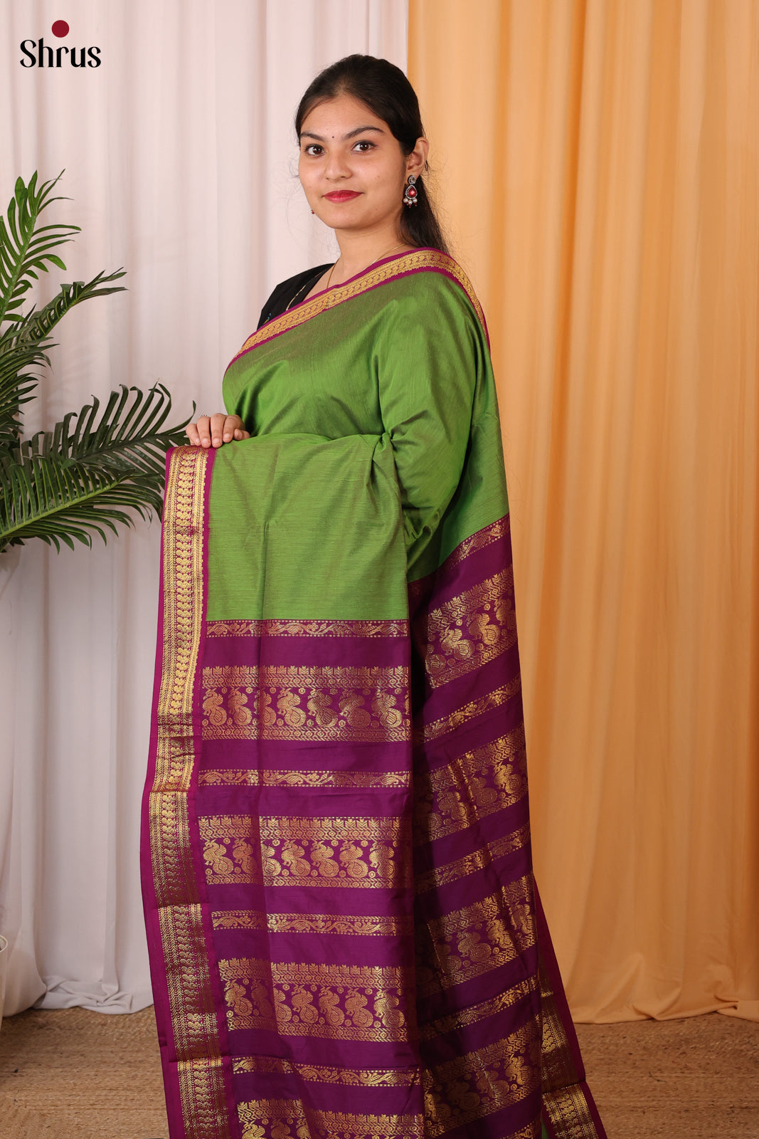 Leaf Green & Purple - Kalyani Cotton Saree