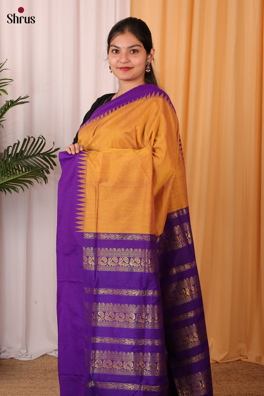 Orange & Violet- Kalyani Cotton Saree - Shop on Shrus.com