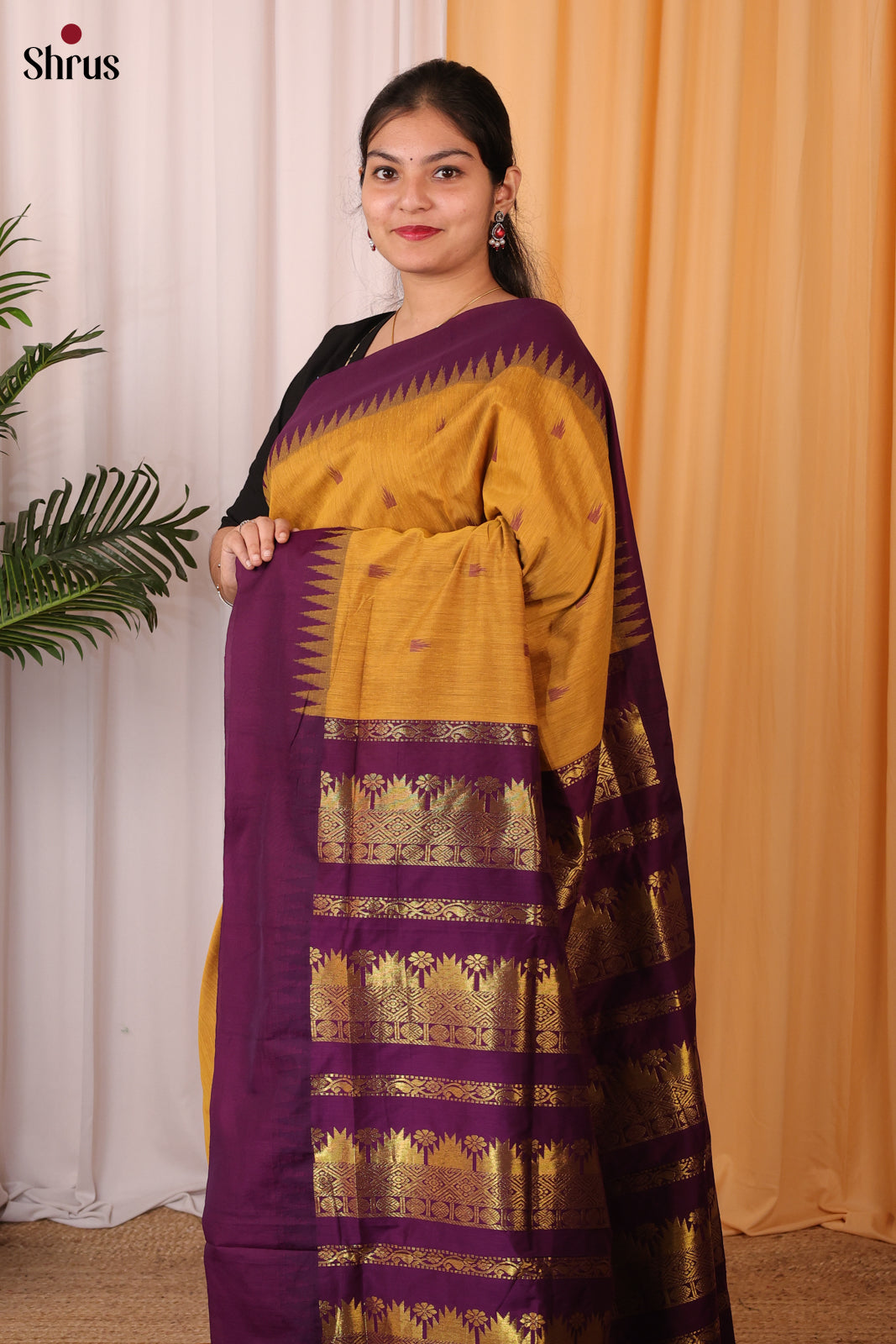 Mustard  & Violet - Kalyani Cotton Saree